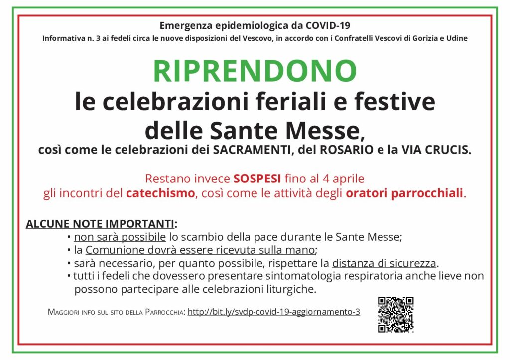 AGGIORNAMENTO 3 SULLE CELEBRAZIONI LITURGICHE E SULLE ATTIVITÀ PARROCCHIALI – COVID19
