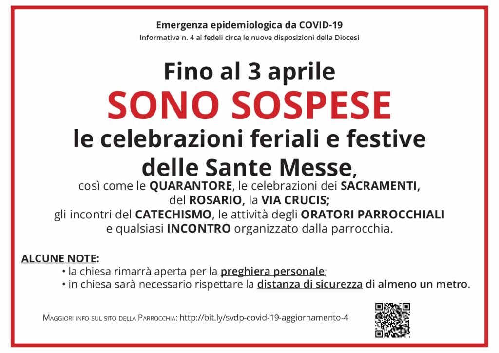 AGGIORNAMENTO 4 SULLE CELEBRAZIONI LITURGICHE E SULLE ATTIVITÀ PARROCCHIALI – COVID19
