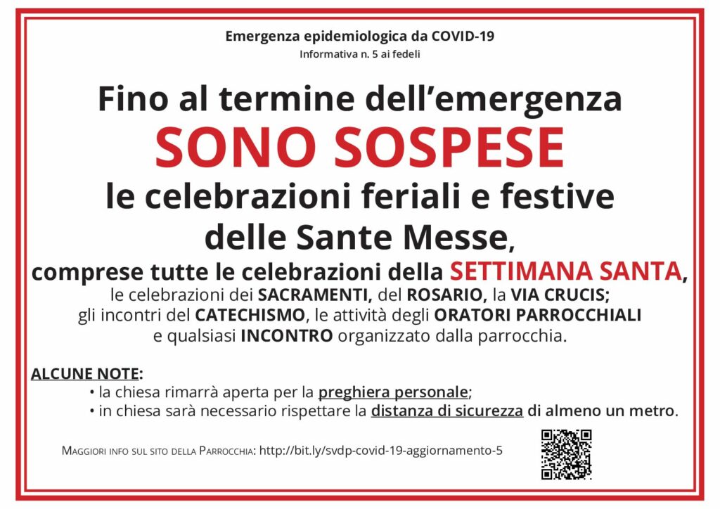 AGGIORNAMENTO 5 SULLE CELEBRAZIONI LITURGICHE E SULLE ATTIVITÀ PARROCCHIALI – COVID19