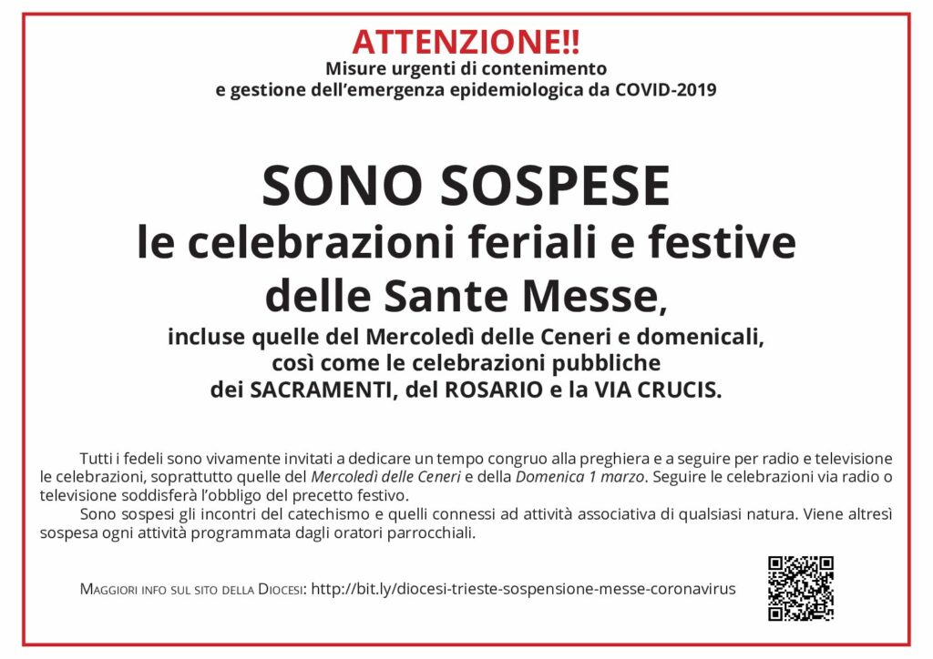 SOSPENSIONE DELLE CELEBRAZIONI LITURGICHE E DELLE ATTIVITÀ PARROCCHIALI – COVID19